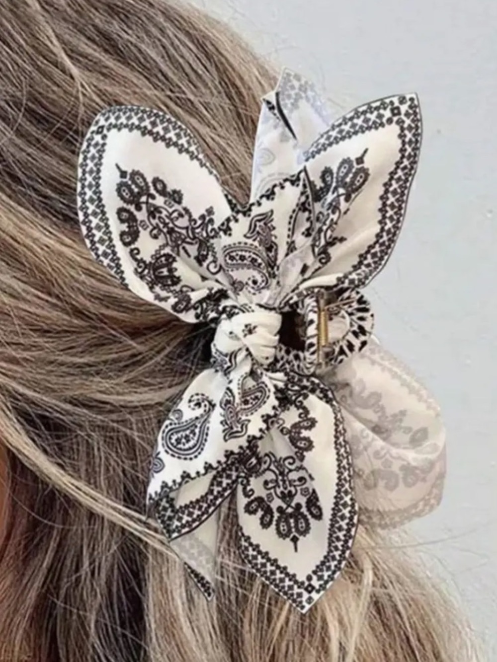 Black & White Silky Paisley Hair Claw Clip Bow